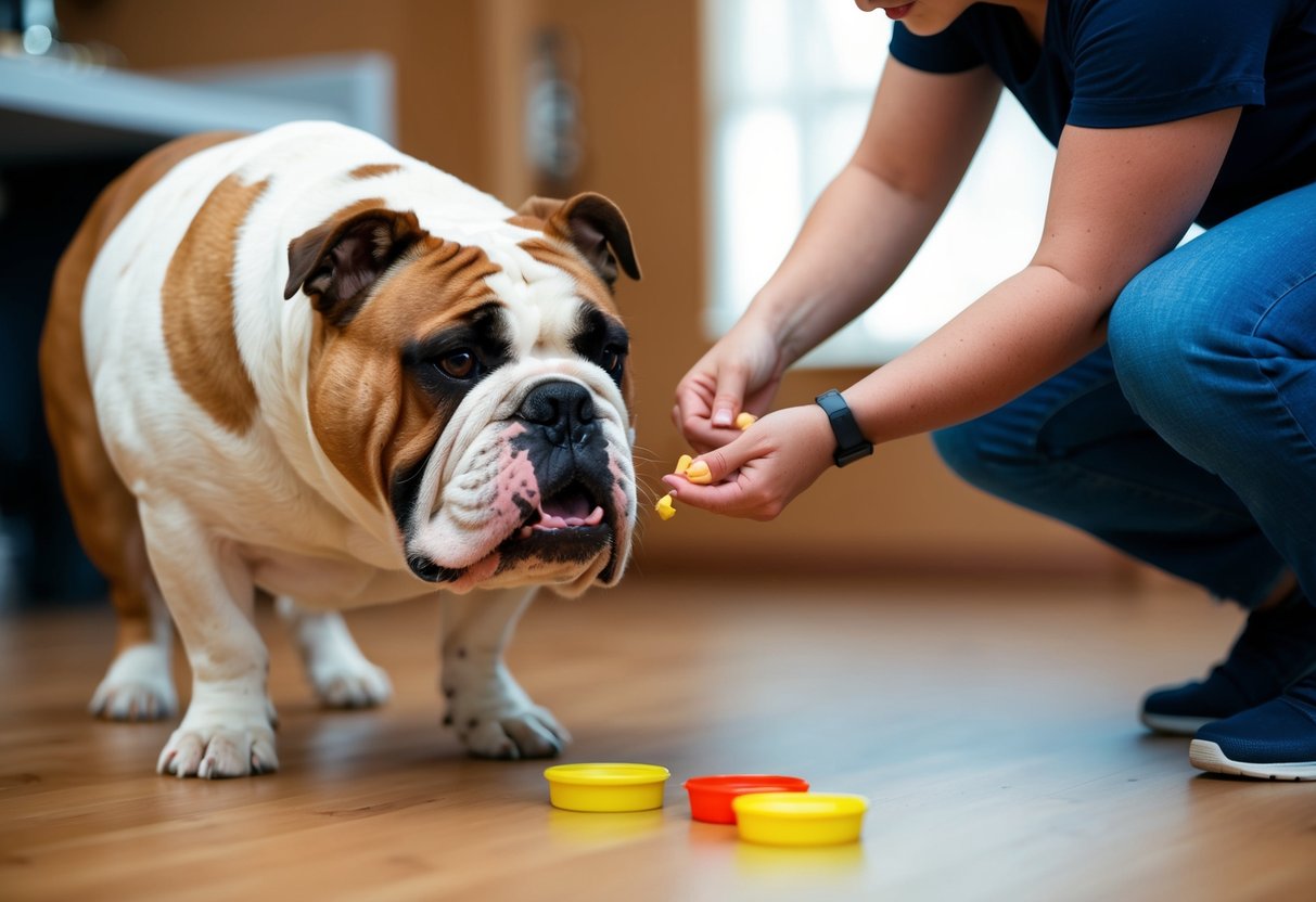 A stubborn bulldog refuses to follow commands, while a patient trainer uses treats and positive reinforcement to encourage obedience