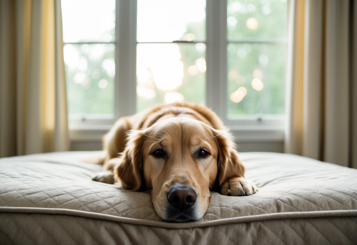 A golden retriever lounges on a plush bed, eyes half-closed, surrounded by peaceful silence and soft sunlight filtering through the window