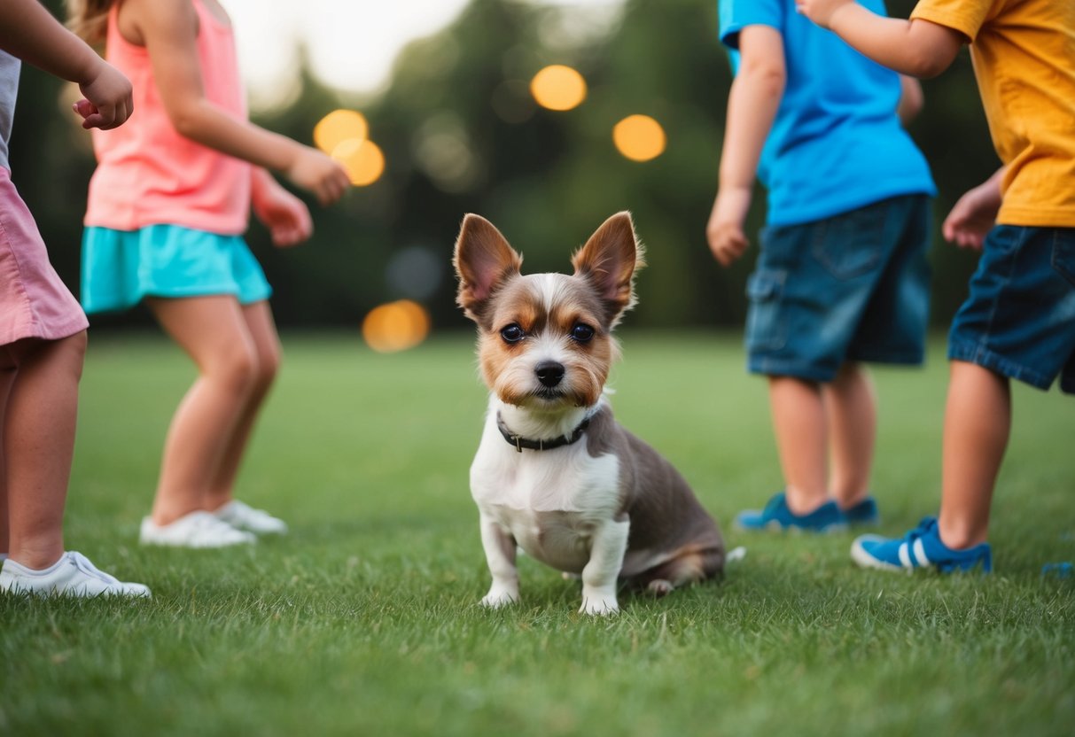 A small, calm dog sits among children playing, its tail wagging gently