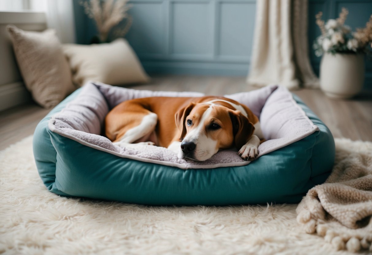 A serene, content dog lounges on a plush bed, surrounded by tranquil, cozy elements like soft blankets, a peaceful atmosphere, and a relaxed environment