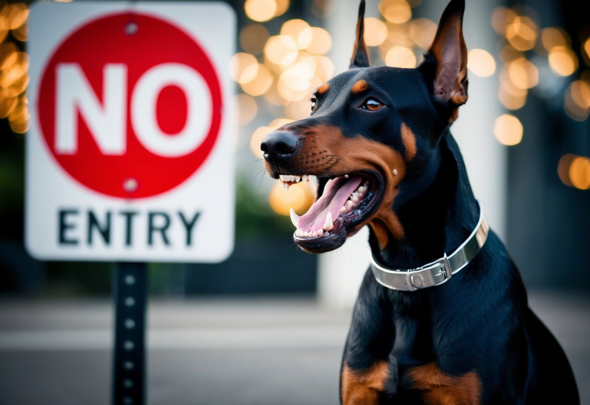 A snarling Doberman pinscher baring its teeth, standing in front of a "no entry" sign