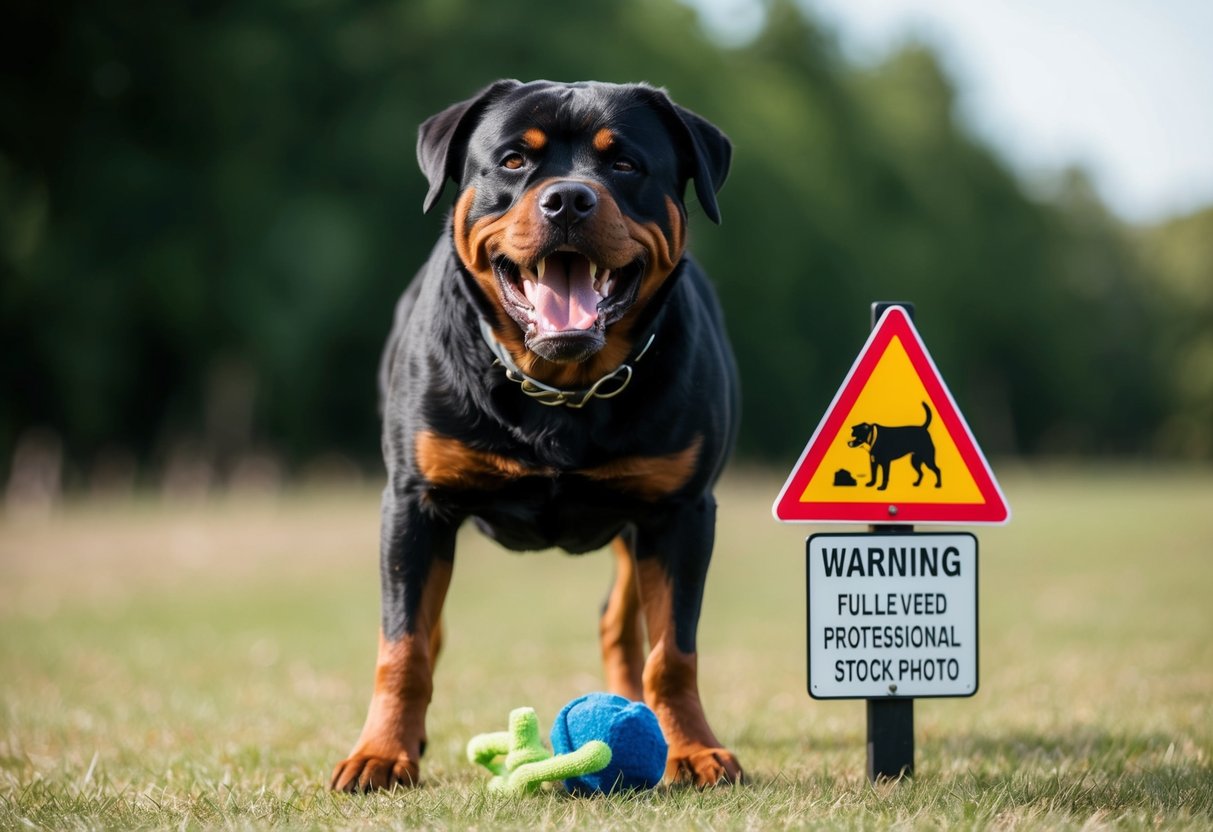 A snarling, growling Rottweiler standing over a chewed-up toy, with a warning sign nearby