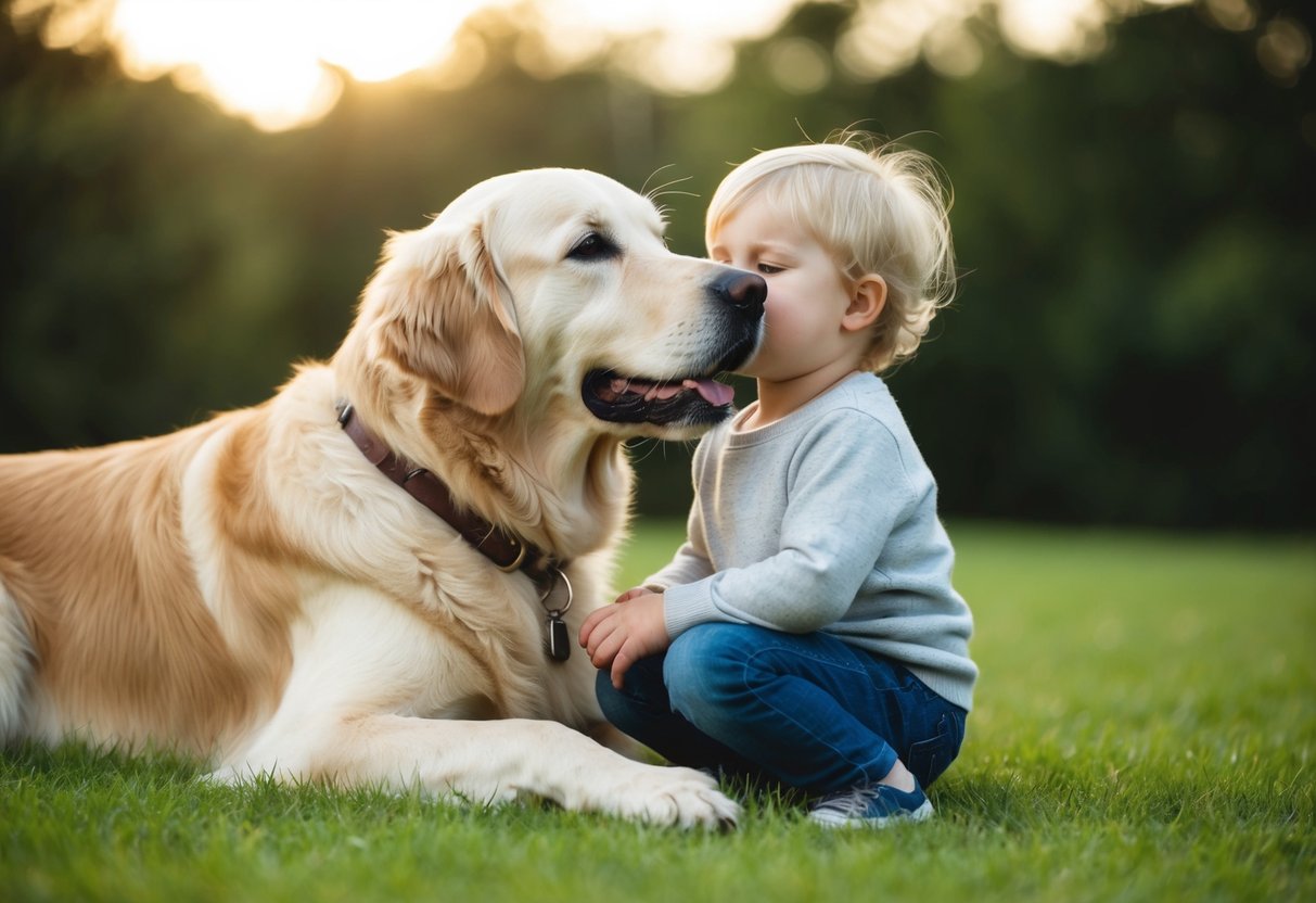 A golden retriever gently nuzzling a small child with a wagging tail and a loving gaze