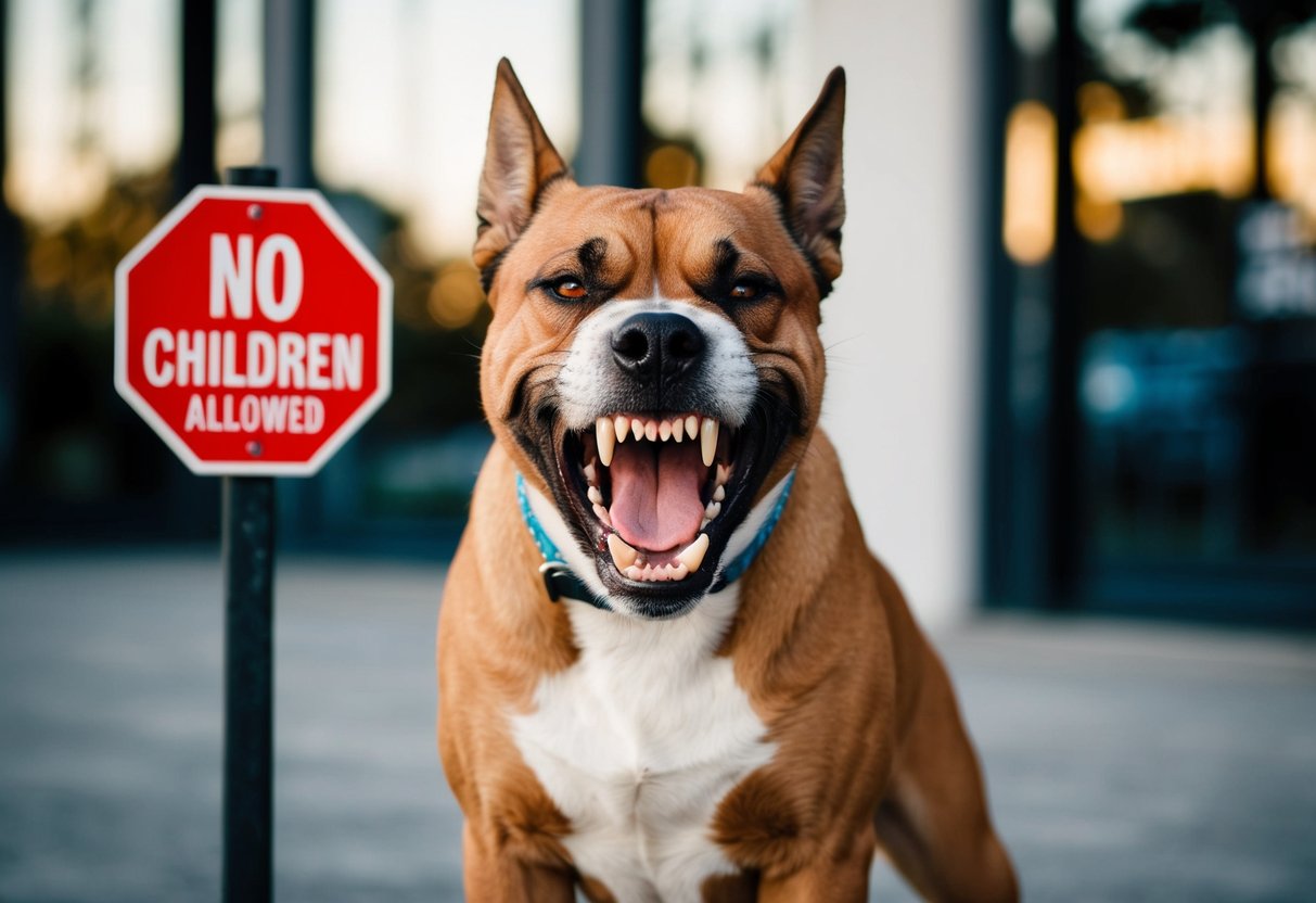 A snarling, aggressive dog baring its teeth, standing in front of a "No Children Allowed" sign