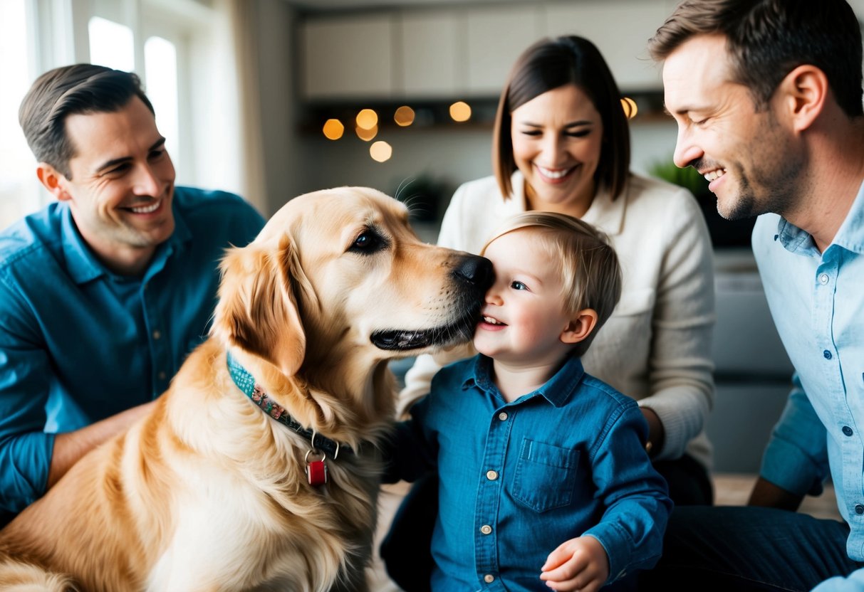 A golden retriever gently nuzzles a small child, while a happy family looks on with smiles