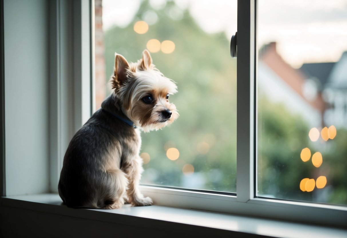 A small, calm dog sitting quietly by a window, looking out at the world