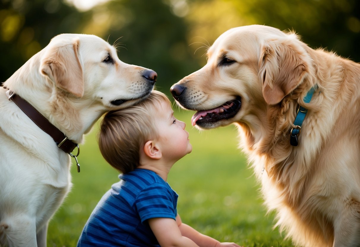 A golden retriever gently nuzzling a small child, while a Labrador leans in for a friendly lick