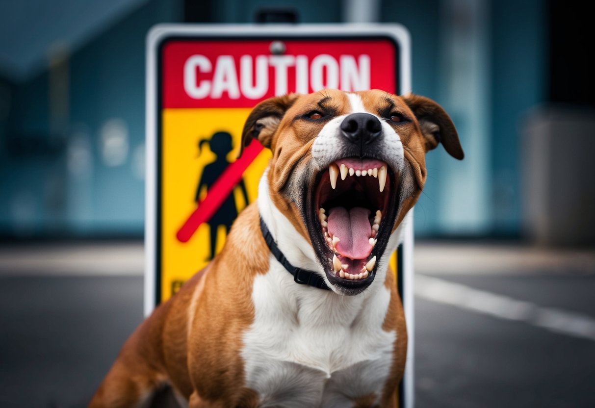 A snarling, aggressive dog baring its teeth, standing in front of a caution sign with a red slash through a child's silhouette
