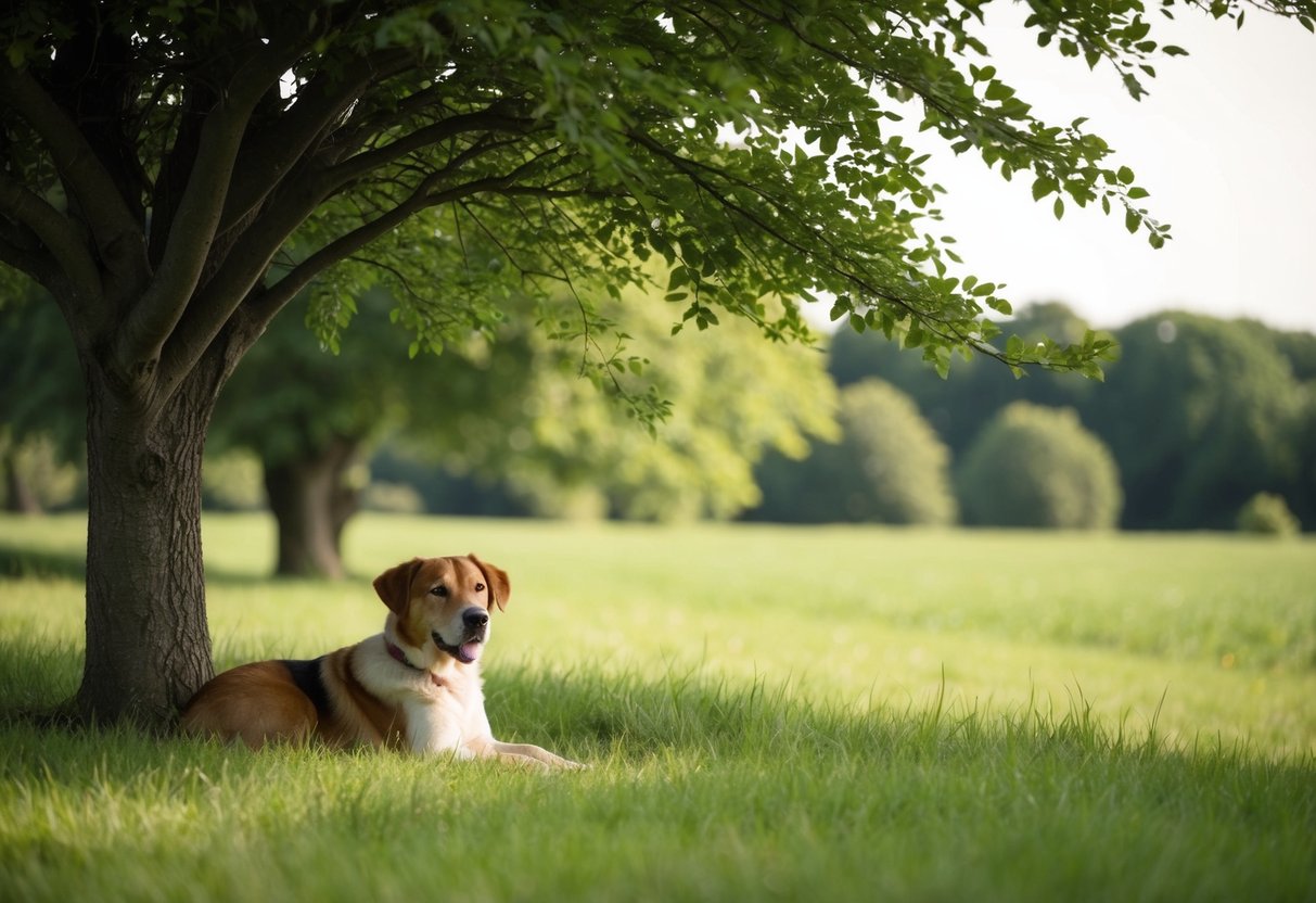 A peaceful scene of a serene countryside with a content, silent dog resting under a shady tree