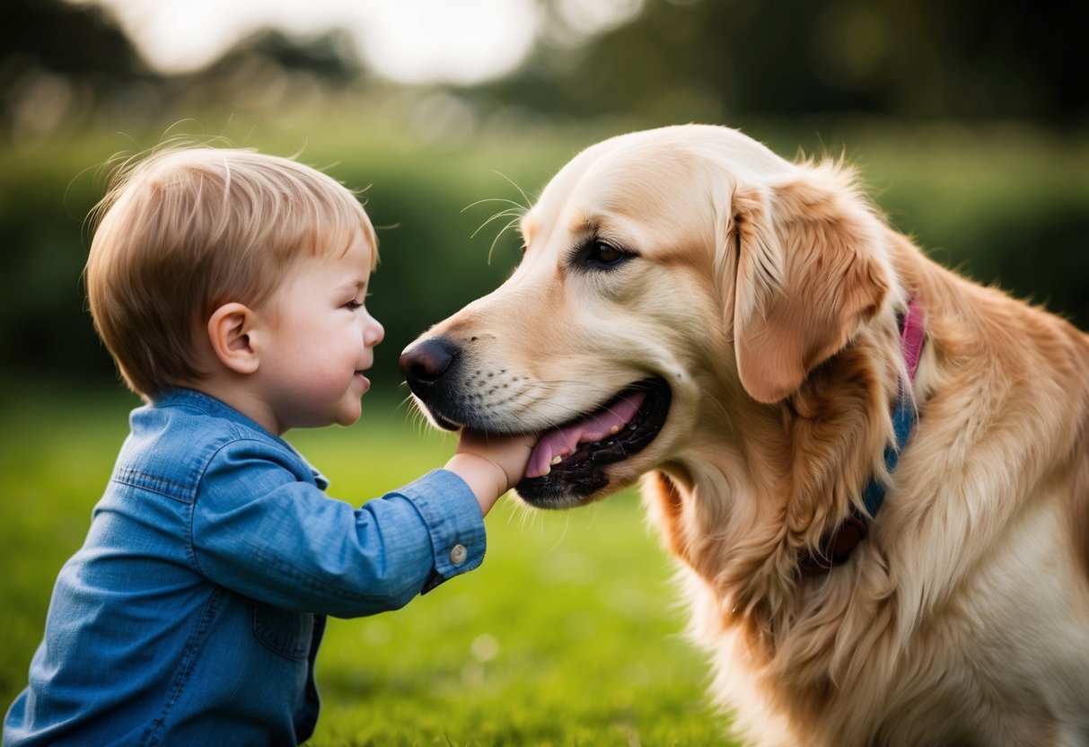 A golden retriever gently nuzzling a young child's hand with a wagging tail