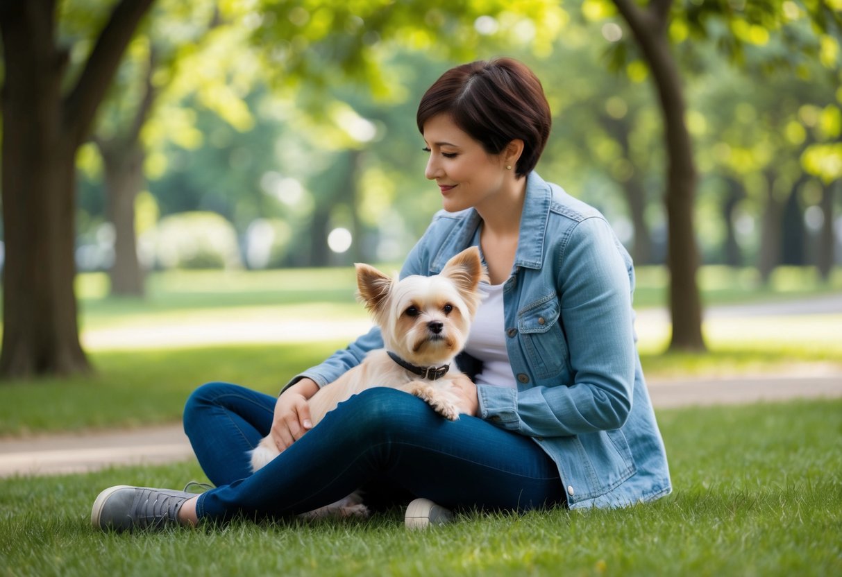 A serene park with a small, quiet dog sitting calmly beside its owner, surrounded by peaceful, low-noise surroundings