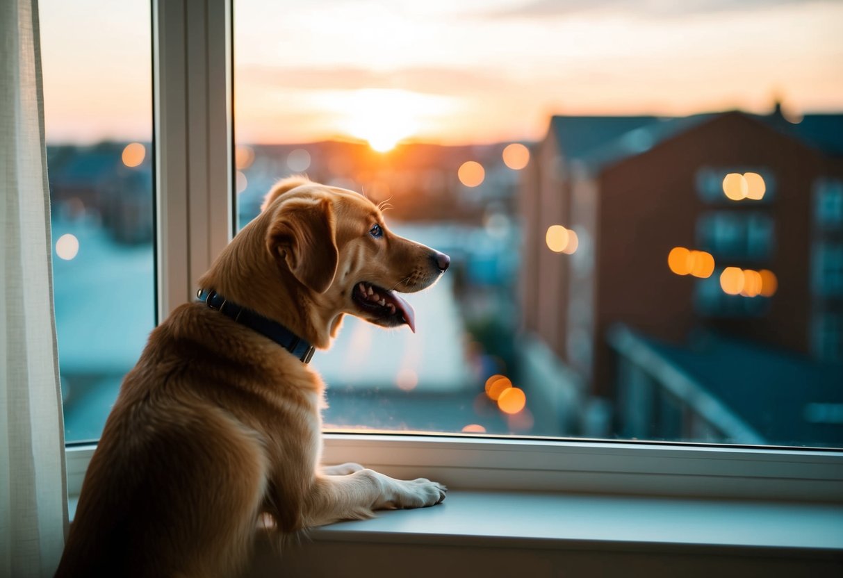 A dog sitting by the window, looking out at the passing time as the sun sets outside
