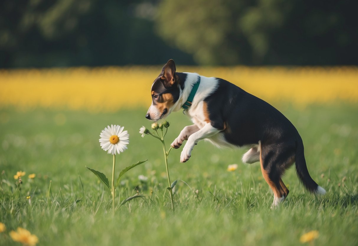 A dog standing on its hind legs, sniffing a flower in a field