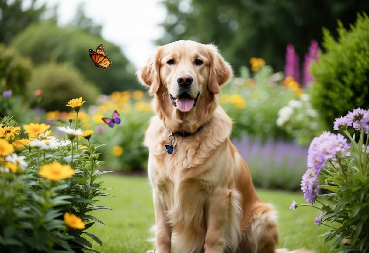 A calm Golden Retriever sits in a peaceful garden, surrounded by flowers and butterflies