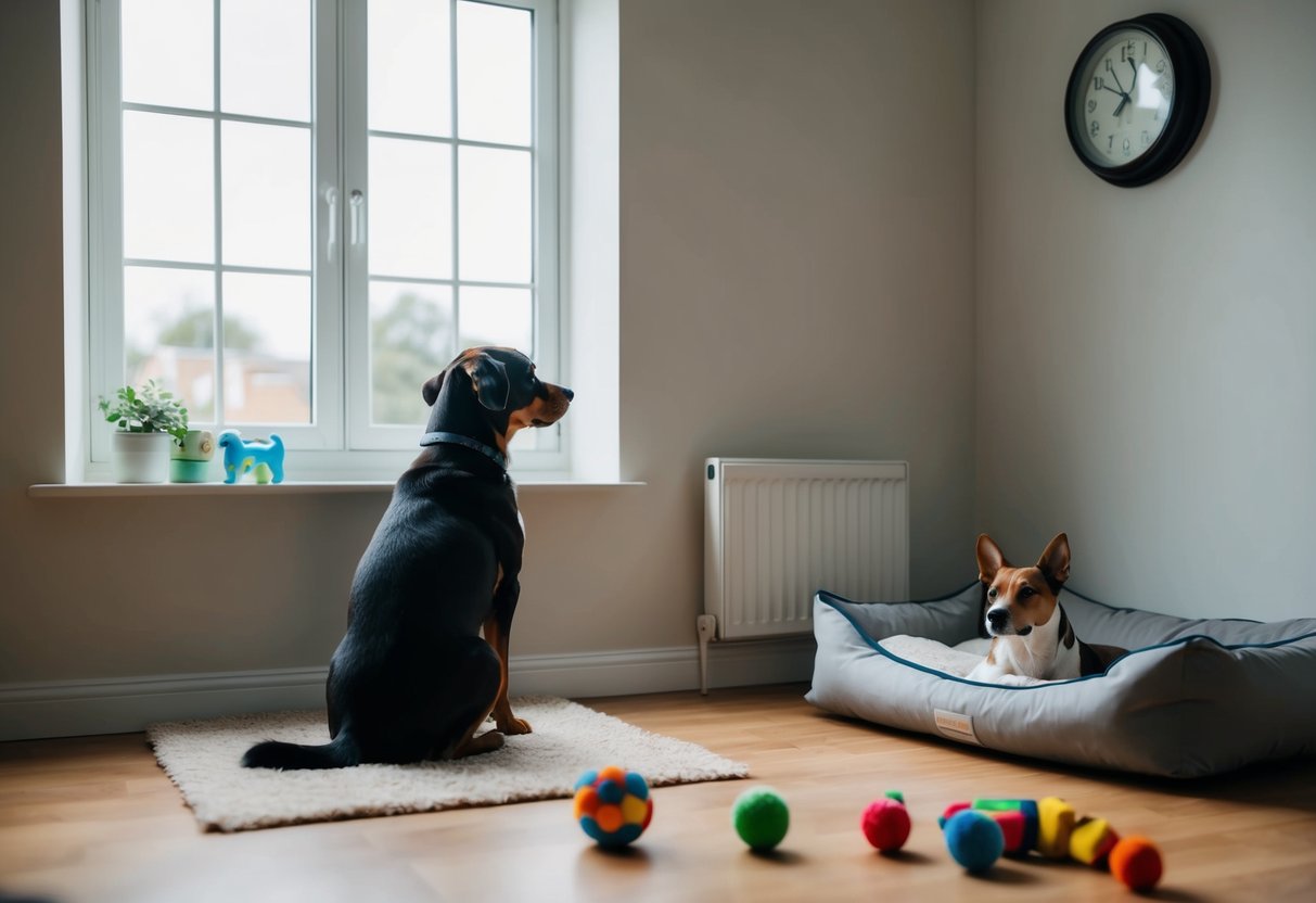 A dog sits by a window, looking out at a clock on the wall. The room is tidy, with a comfortable bed and toys scattered on the floor