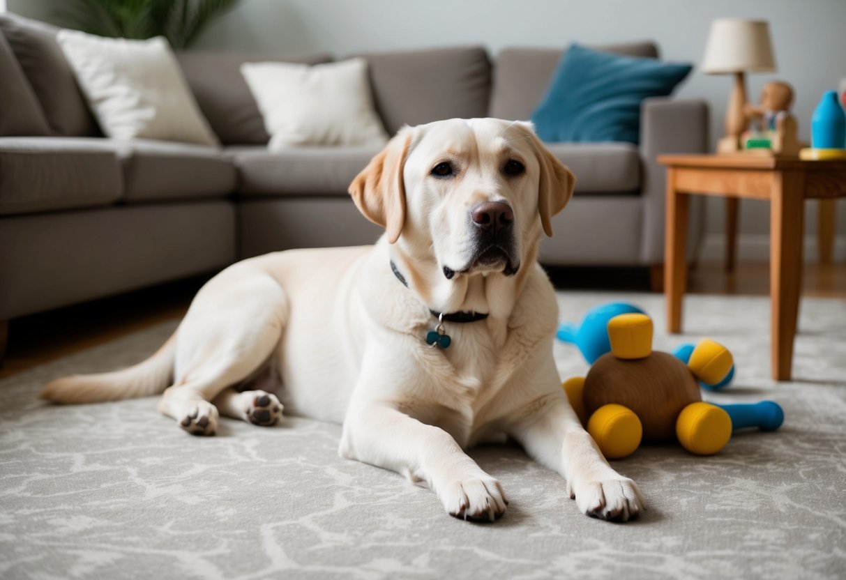A calm and contented Labrador retriever lounging peacefully in a well-kept living room, surrounded by untouched furniture and toys