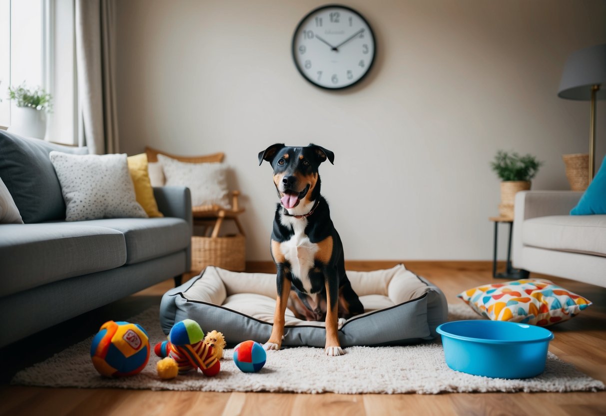 A dog sitting in a cozy living room, surrounded by toys, a comfortable bed, and a filled water bowl, with a clock on the wall showing the passing of time
