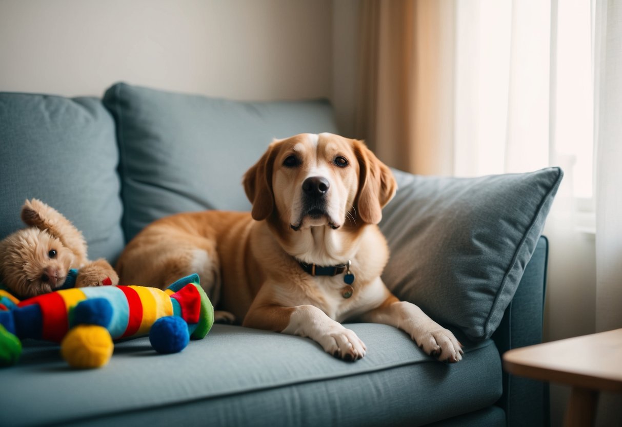 A calm, content dog peacefully lounges in a cozy corner, surrounded by unchewed toys and untouched furniture