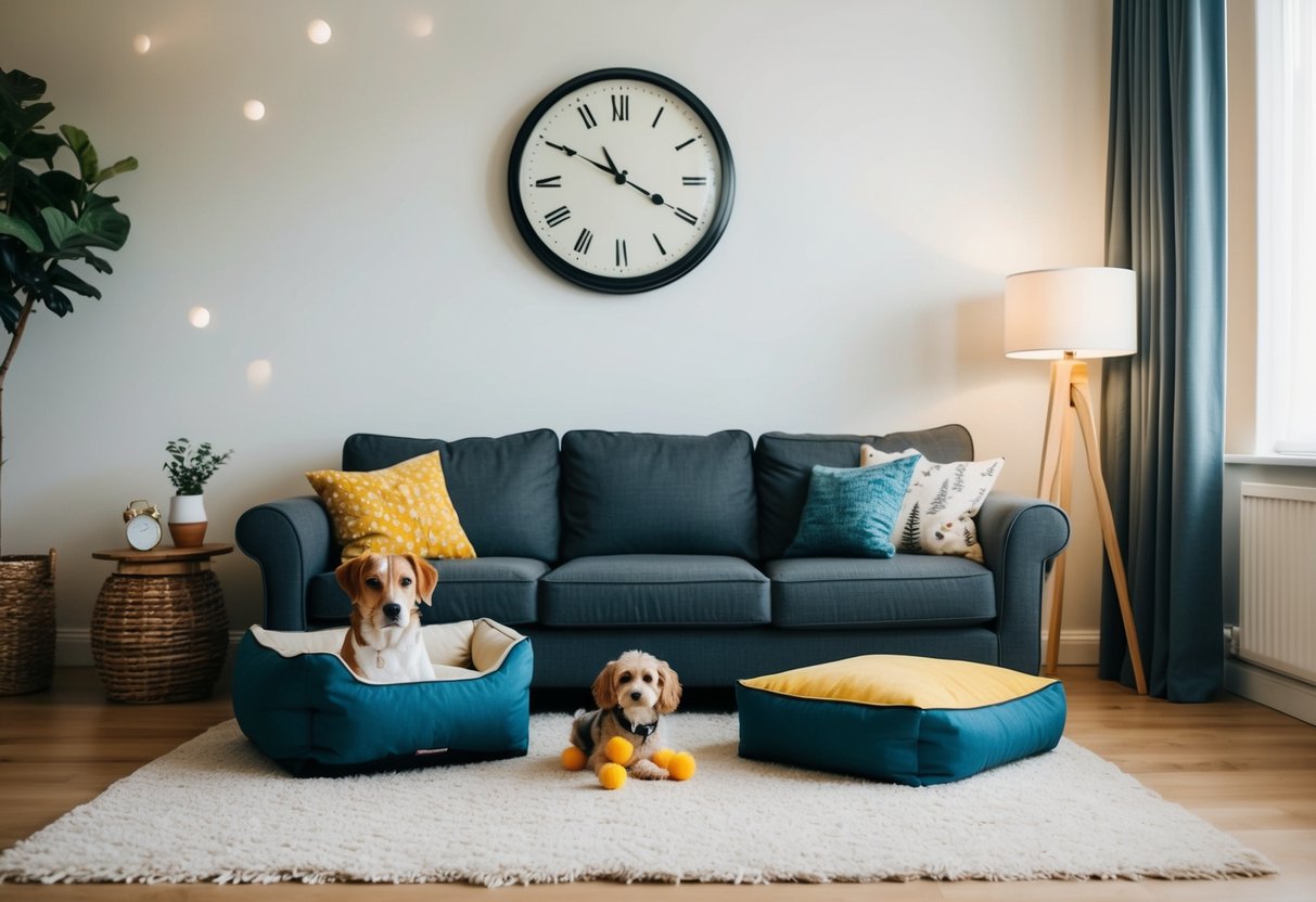 A cozy living room with a dog bed, toys, and a clock on the wall showing a long period of time passing