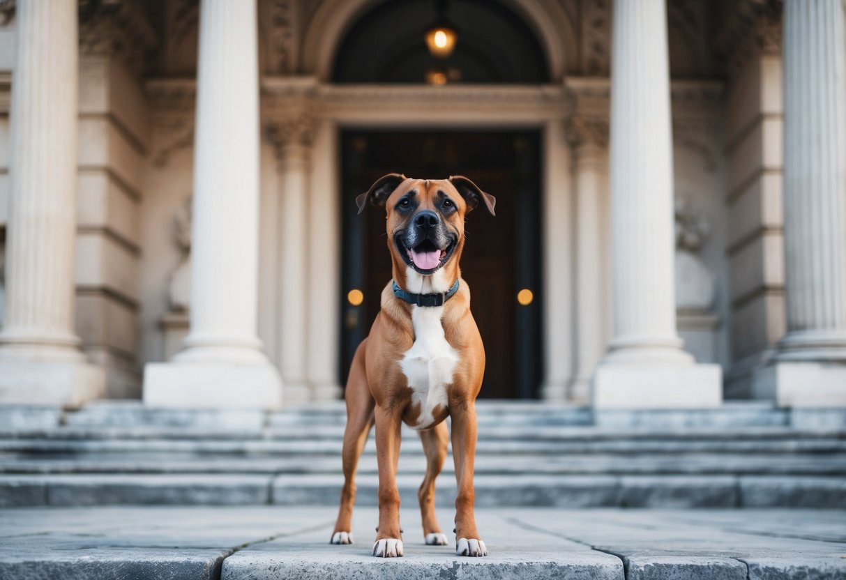 A dog standing proudly in front of a Roman-style building, with classical columns and intricate architectural details