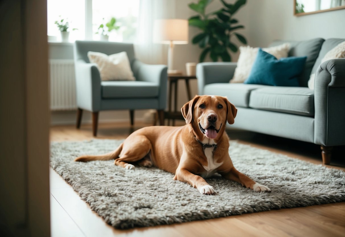 A peaceful, tidy living room with a content, well-behaved dog lounging on a plush rug, surrounded by unchewed furniture and intact belongings