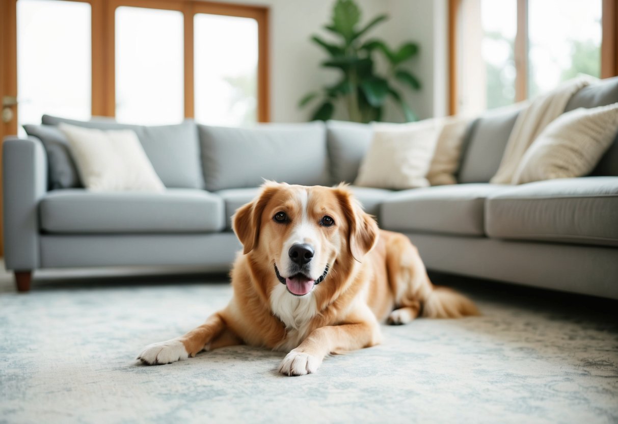 A calm and contented dog breed lounging peacefully in a well-maintained and unscathed living room