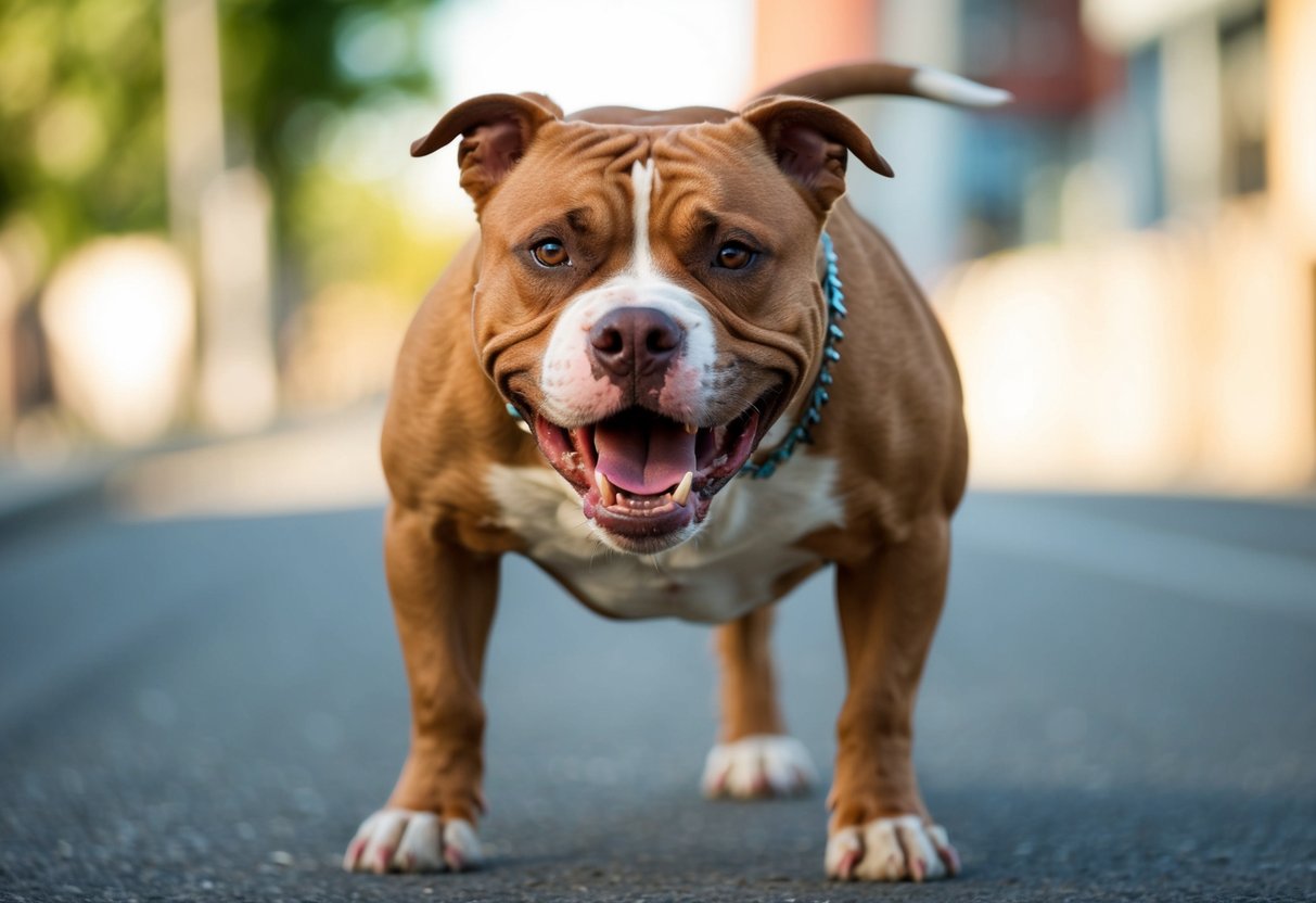 A snarling pit bull lunges forward, teeth bared, and growling aggressively