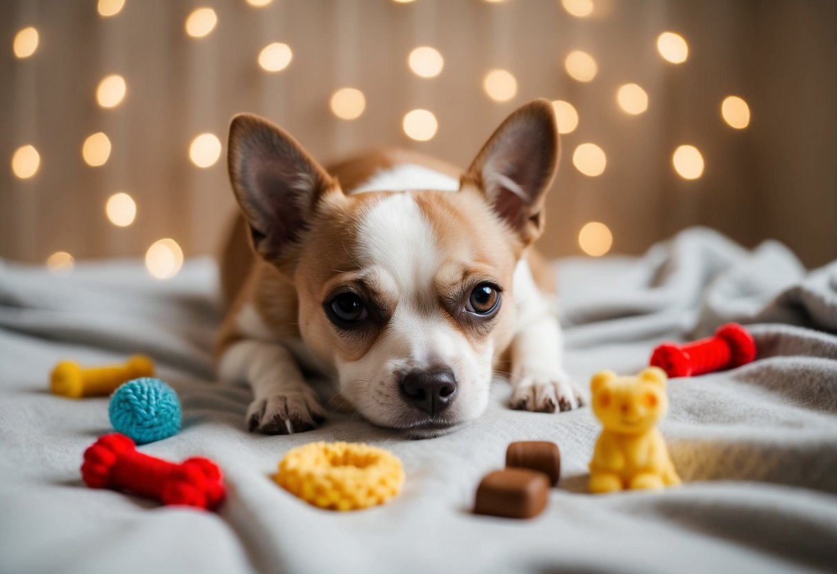 A small, calm dog lying on a soft blanket, surrounded by toys and treats
