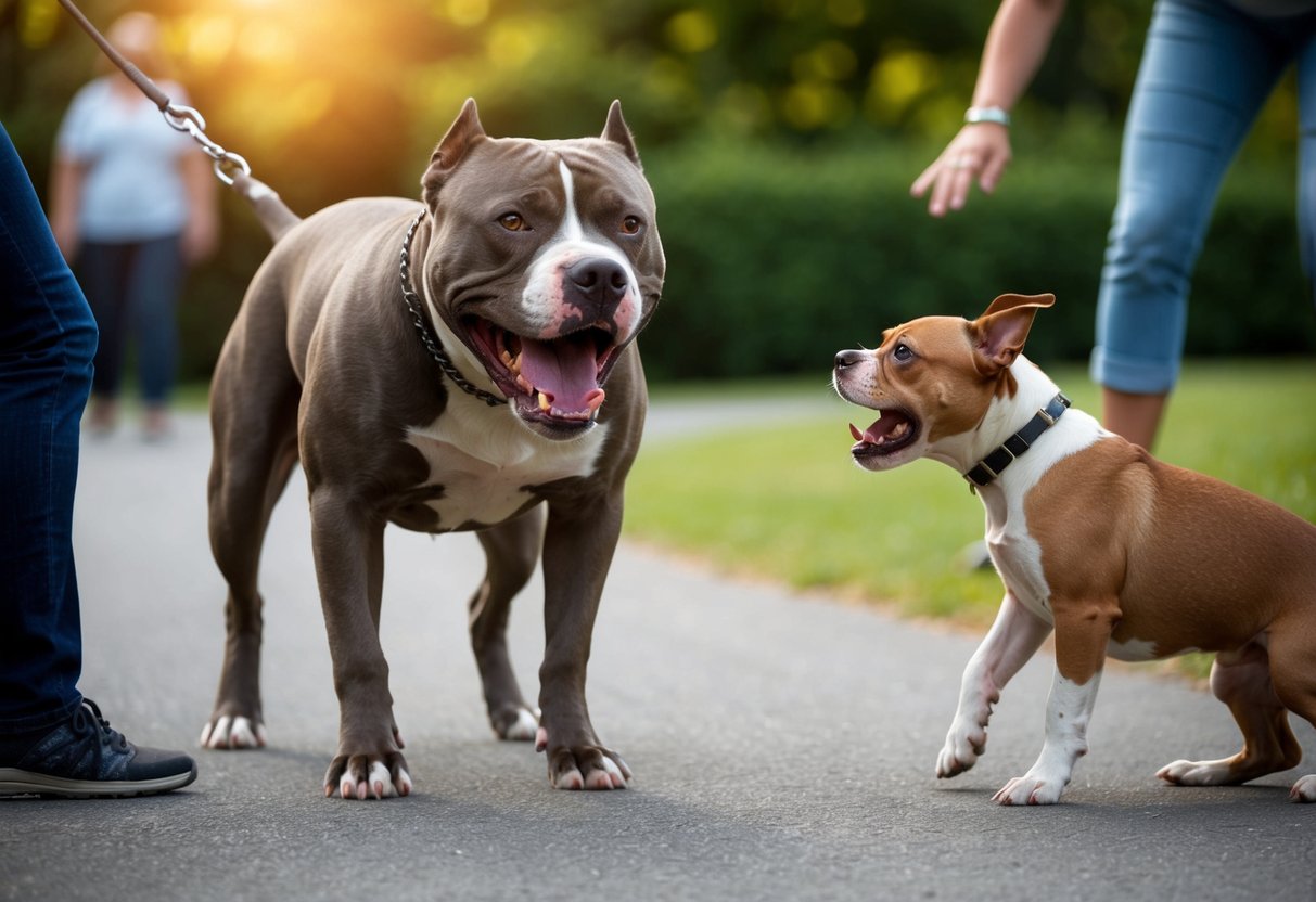 A snarling pit bull lunges at a cowering smaller dog, teeth bared and eyes fierce, as onlookers try to intervene