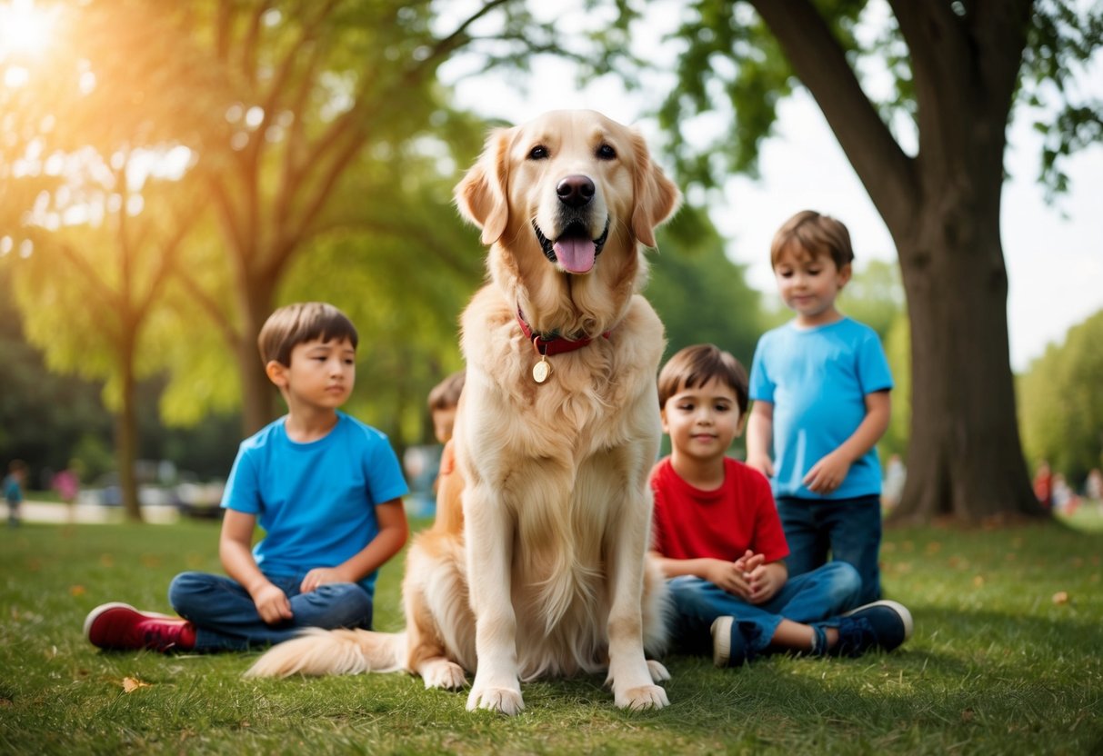 A golden retriever calmly sitting among children at a park