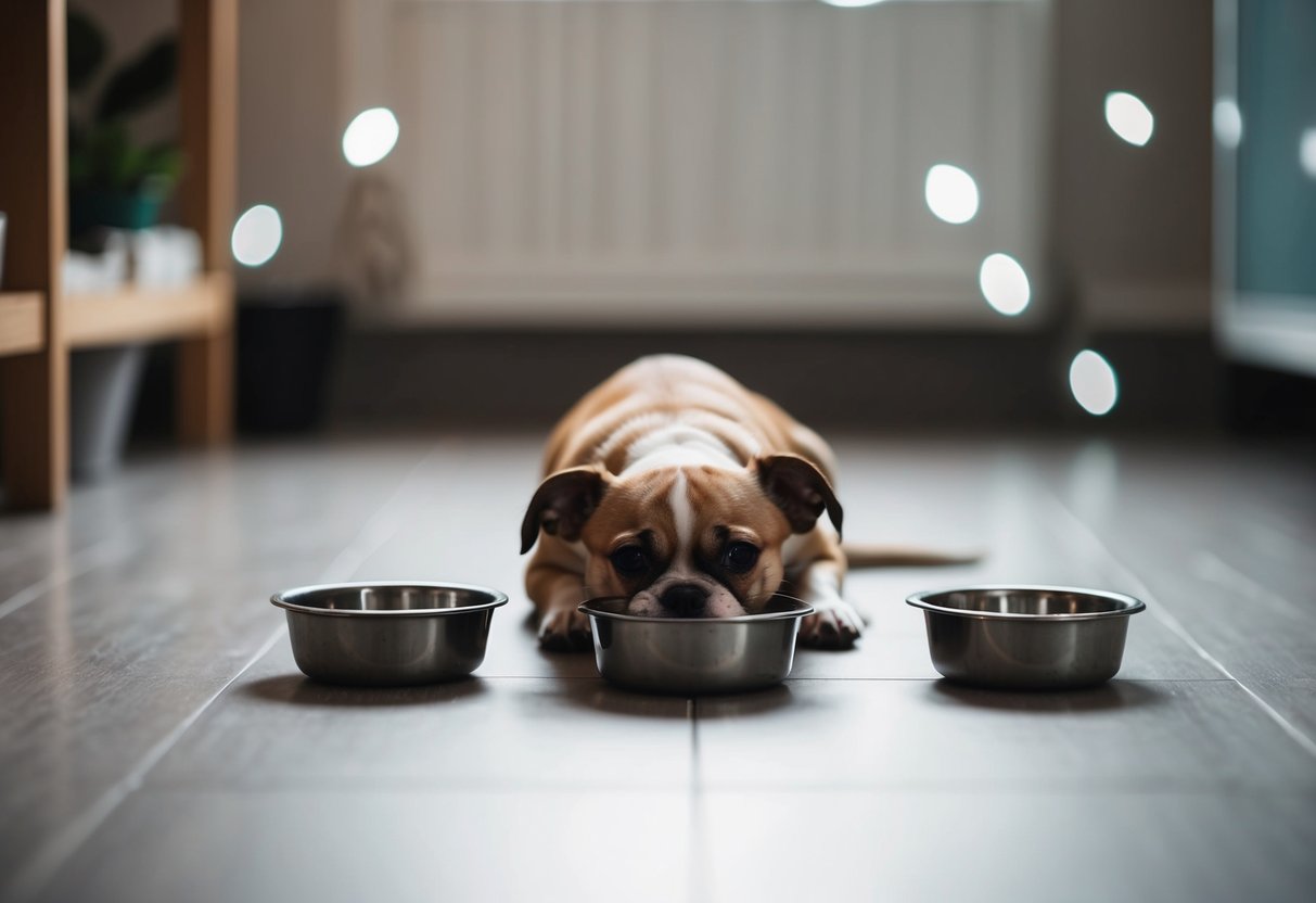 A small, motionless dog lying on the floor, surrounded by empty food and water bowls