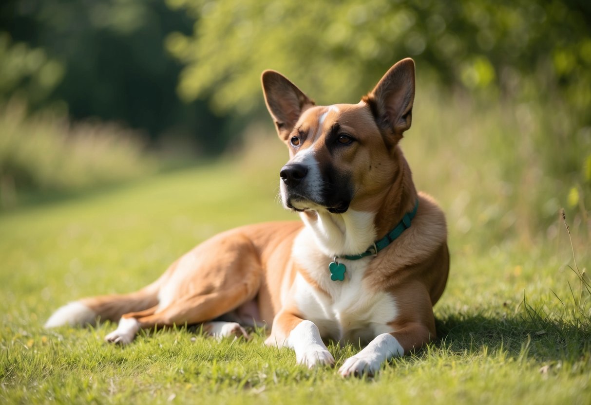 A peaceful, non-threatening dog breed lounging in a serene, natural setting