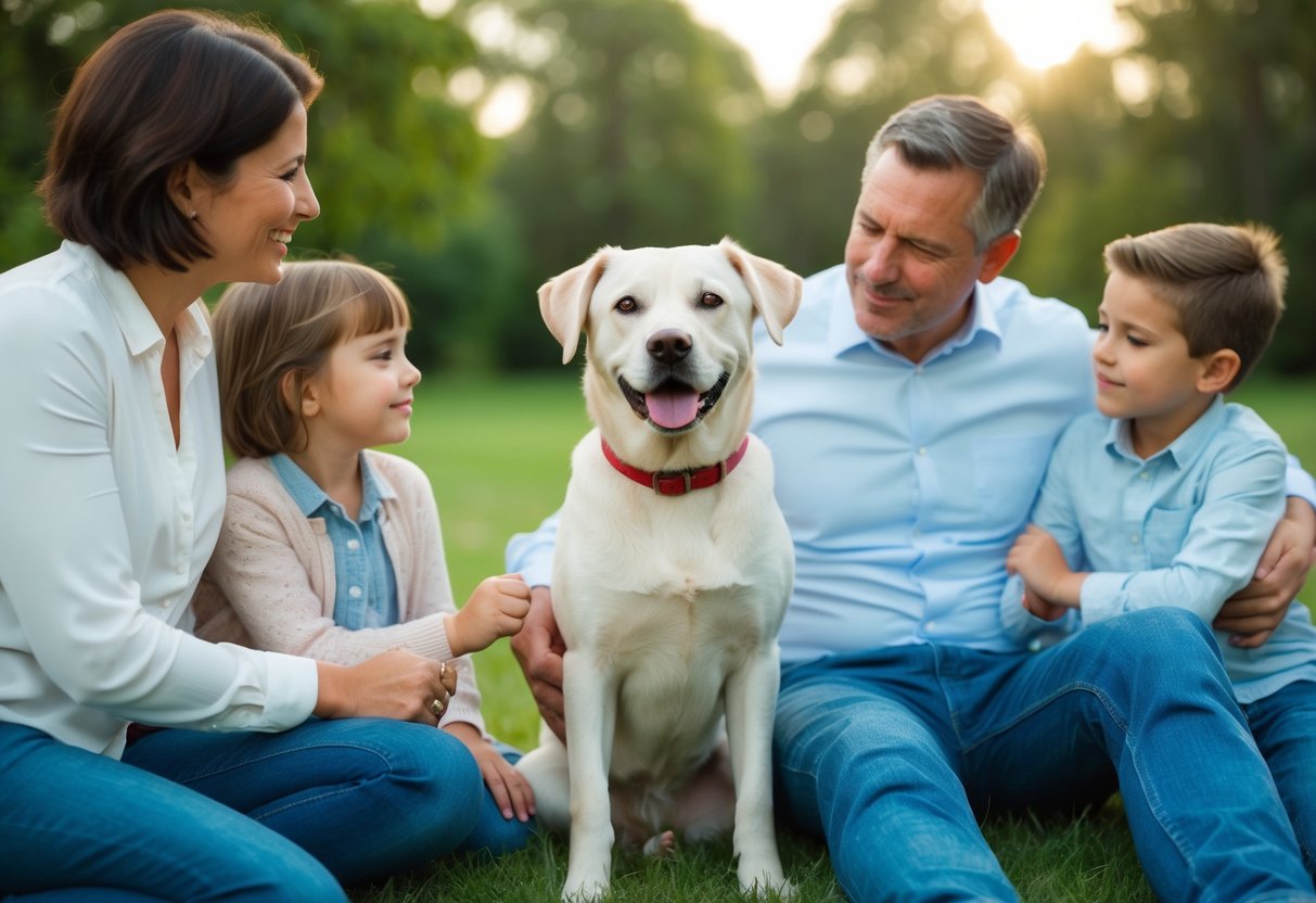 A calm, gentle dog sitting peacefully among a family, showing no signs of aggression