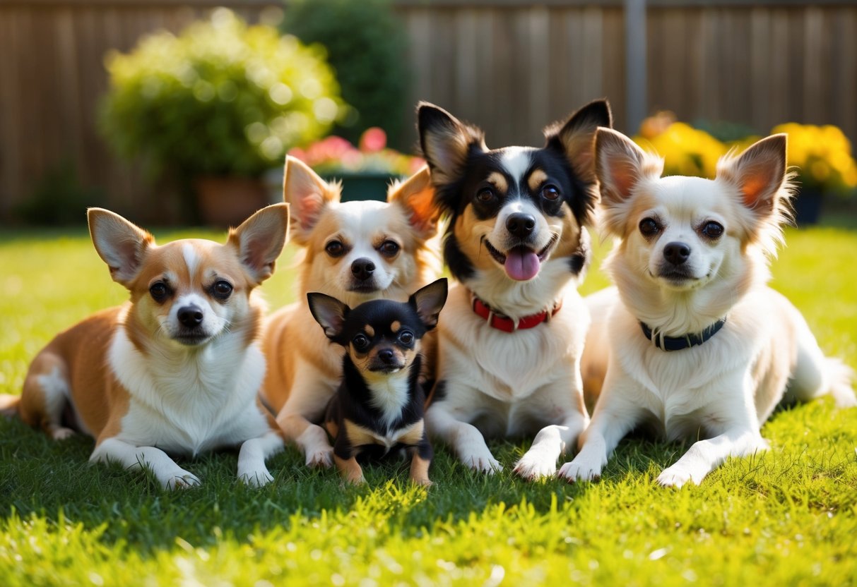 A group of elderly dogs of various breeds lounging in a sunny backyard, with a small Chihuahua being the smallest among them