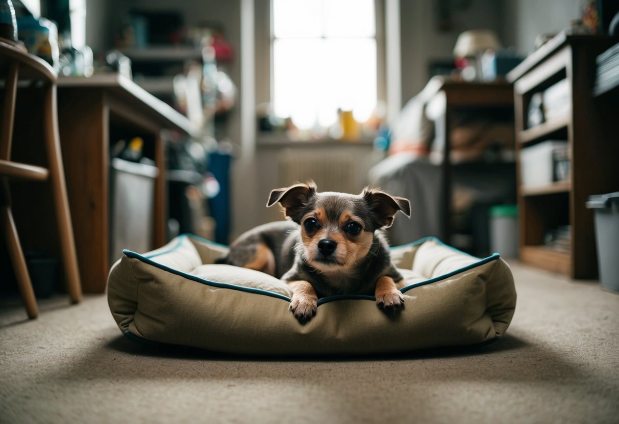 A small, old dog lying on a worn-out dog bed in a cluttered, dimly lit room