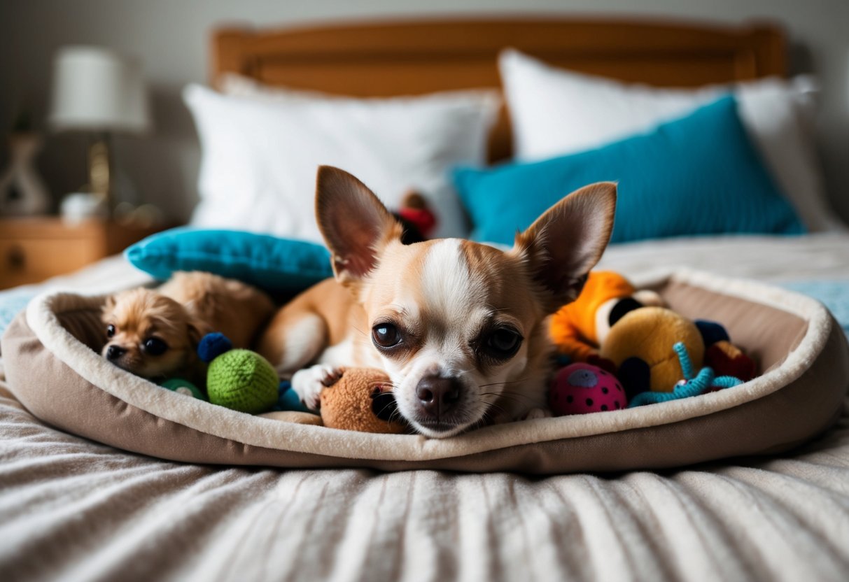 A small, elderly Chihuahua lies peacefully in a cozy bed, surrounded by loved ones and cherished toys