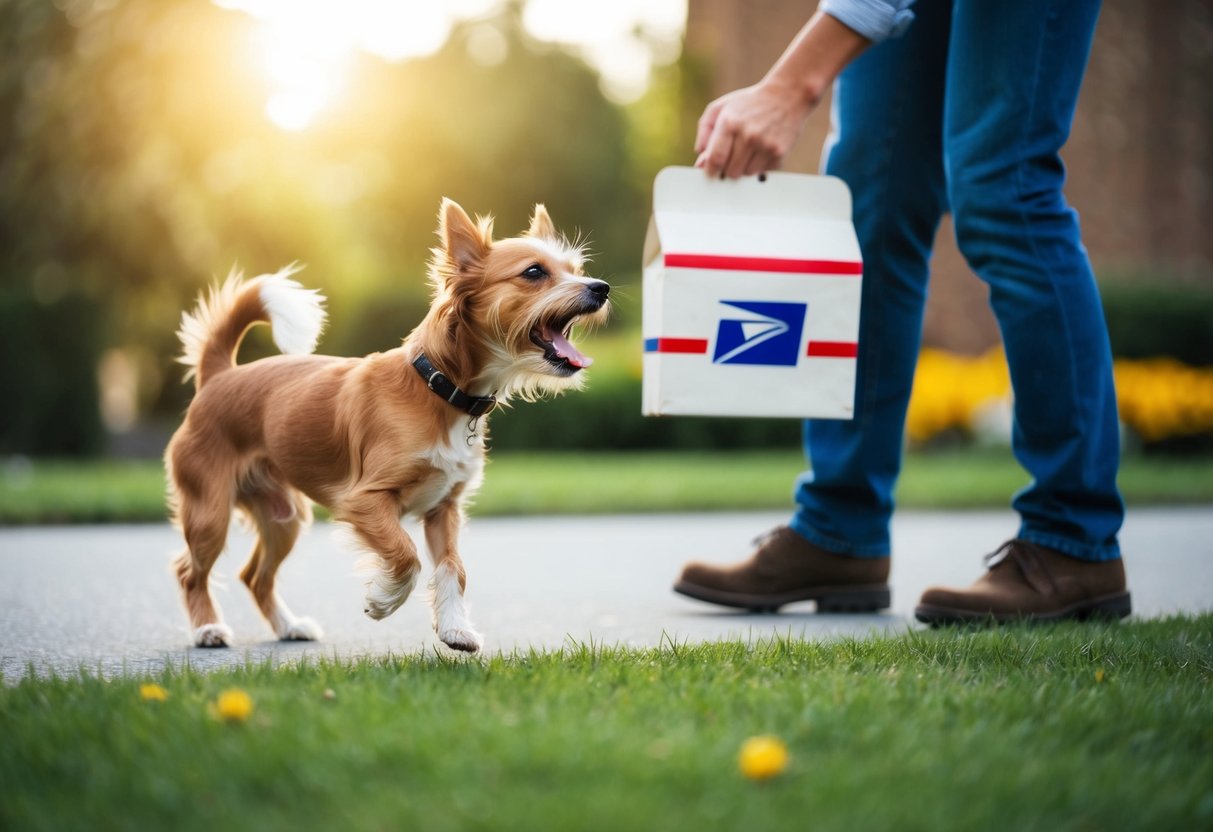 A small, yappy dog barks incessantly at a passing mail carrier, its fur standing on end as it jumps and yelps with each bark