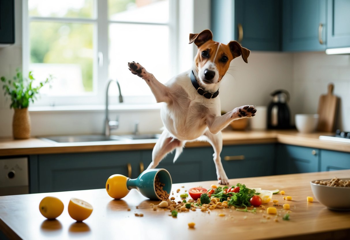A mischievous Jack Russell terrier jumps on the kitchen counter, knocking over a vase and spilling food everywhere