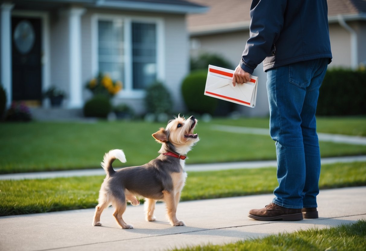 A small, yappy dog barking incessantly at a mail carrier outside a suburban home