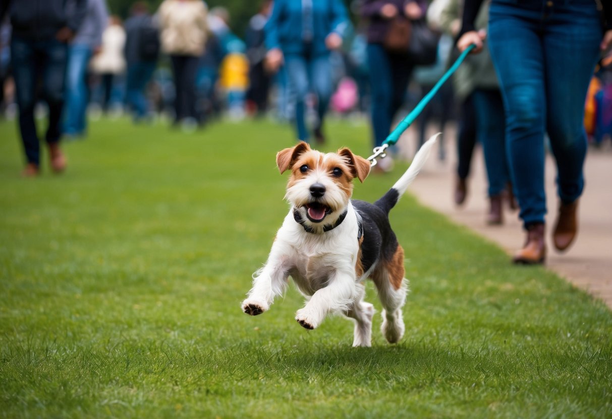 A mischievous terrier pulls at a leash, jumping and barking at passersby in a crowded park