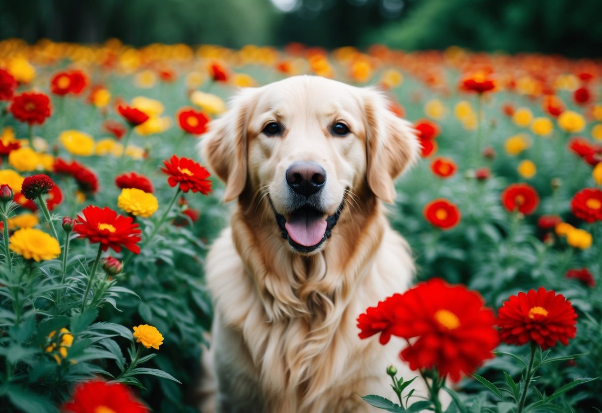 A golden retriever surrounded by red and yellow flowers