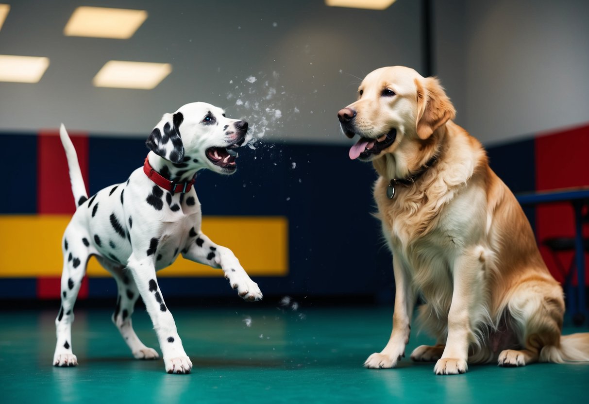A mischievous Dalmatian pup causing chaos in a training class, while the calm Golden Retriever sits obediently