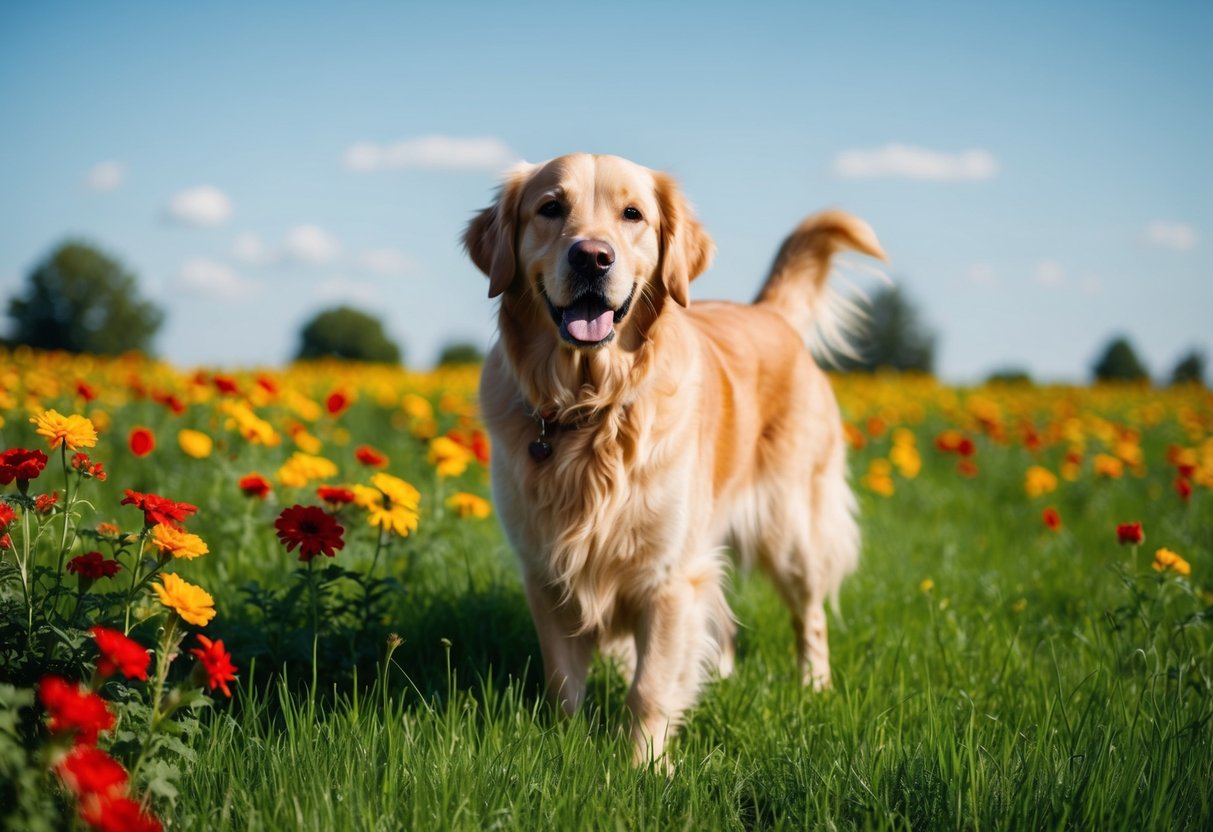 A golden retriever stands in a field of vibrant green grass under a clear blue sky, surrounded by red and yellow flowers