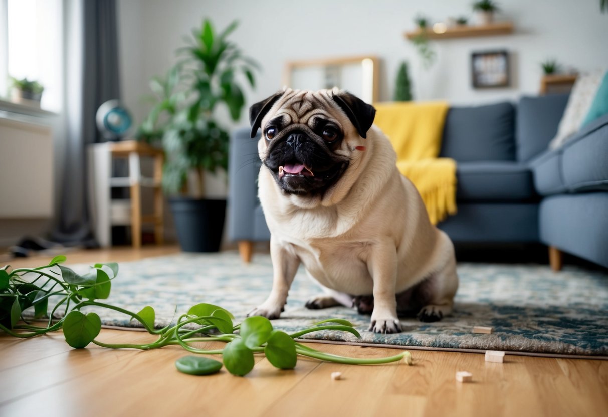A mischievous pug causes chaos, chewing on furniture and knocking over plants in a messy living room