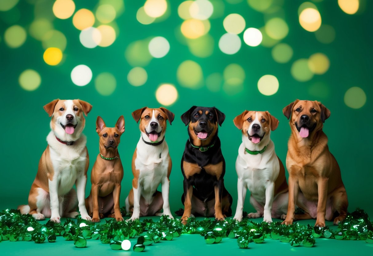 A group of dogs surrounded by various shades of green, symbolizing harmony and luck for the Year of the Dog