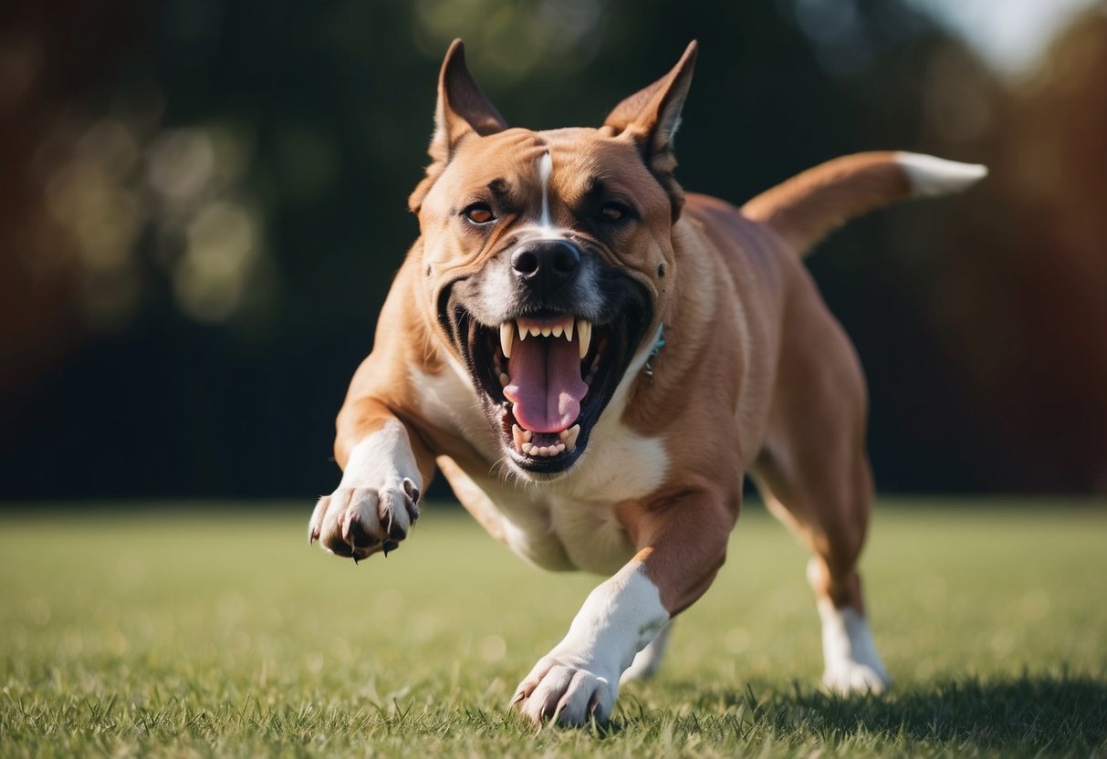 A snarling dog with bared teeth, lunging forward aggressively