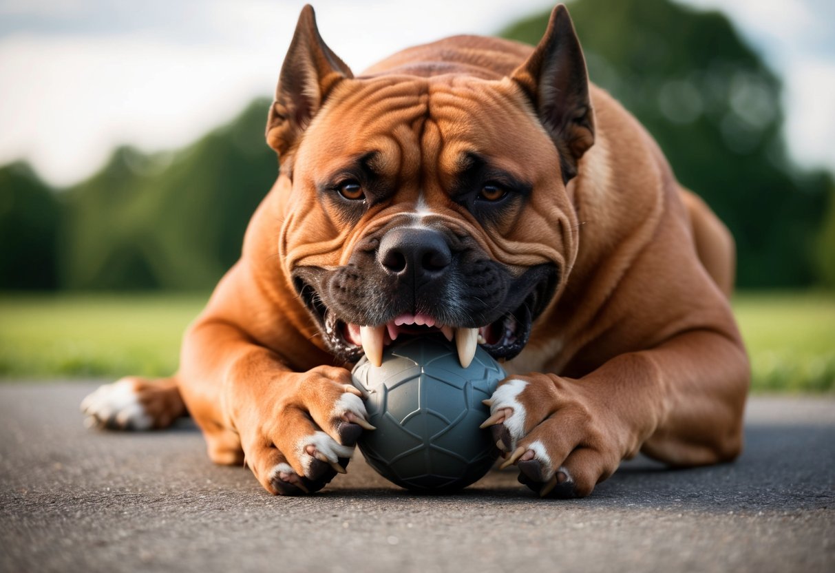 A large, muscular dog with a powerful jaw clamping down on a sturdy chew toy. Muscles tense and teeth firmly gripping the object