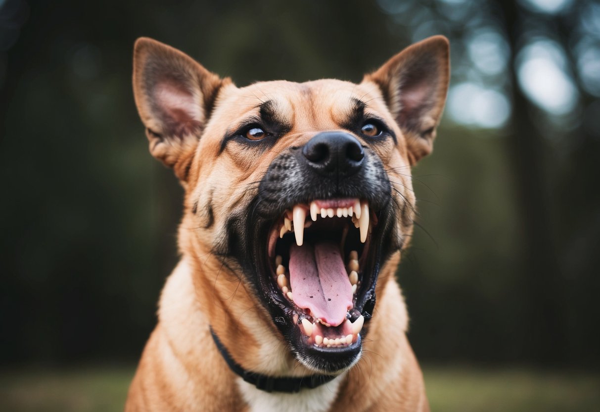 A snarling, growling dog bares its teeth, ears pinned back, and hackles raised, glaring menacingly at the viewer