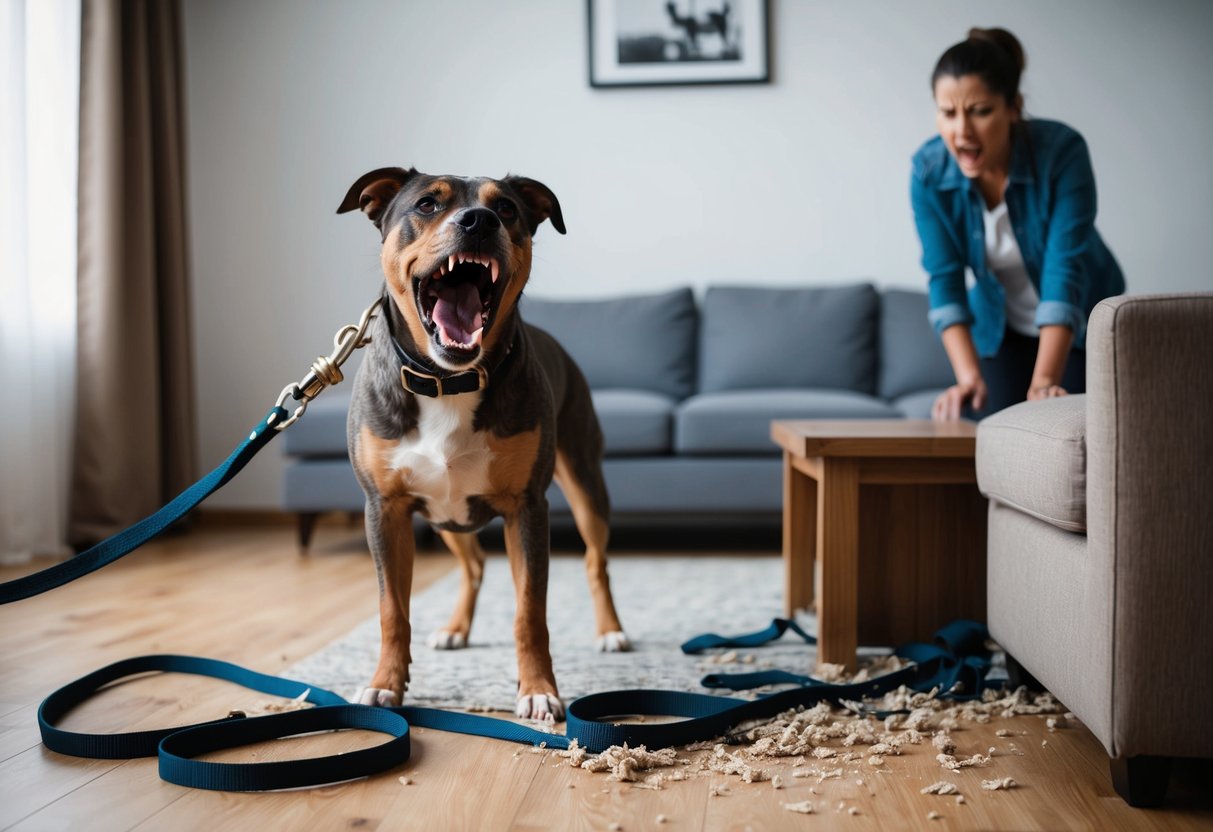 A snarling dog bares its teeth, standing over a chewed-up leash and torn-up furniture, while a frustrated owner looks on