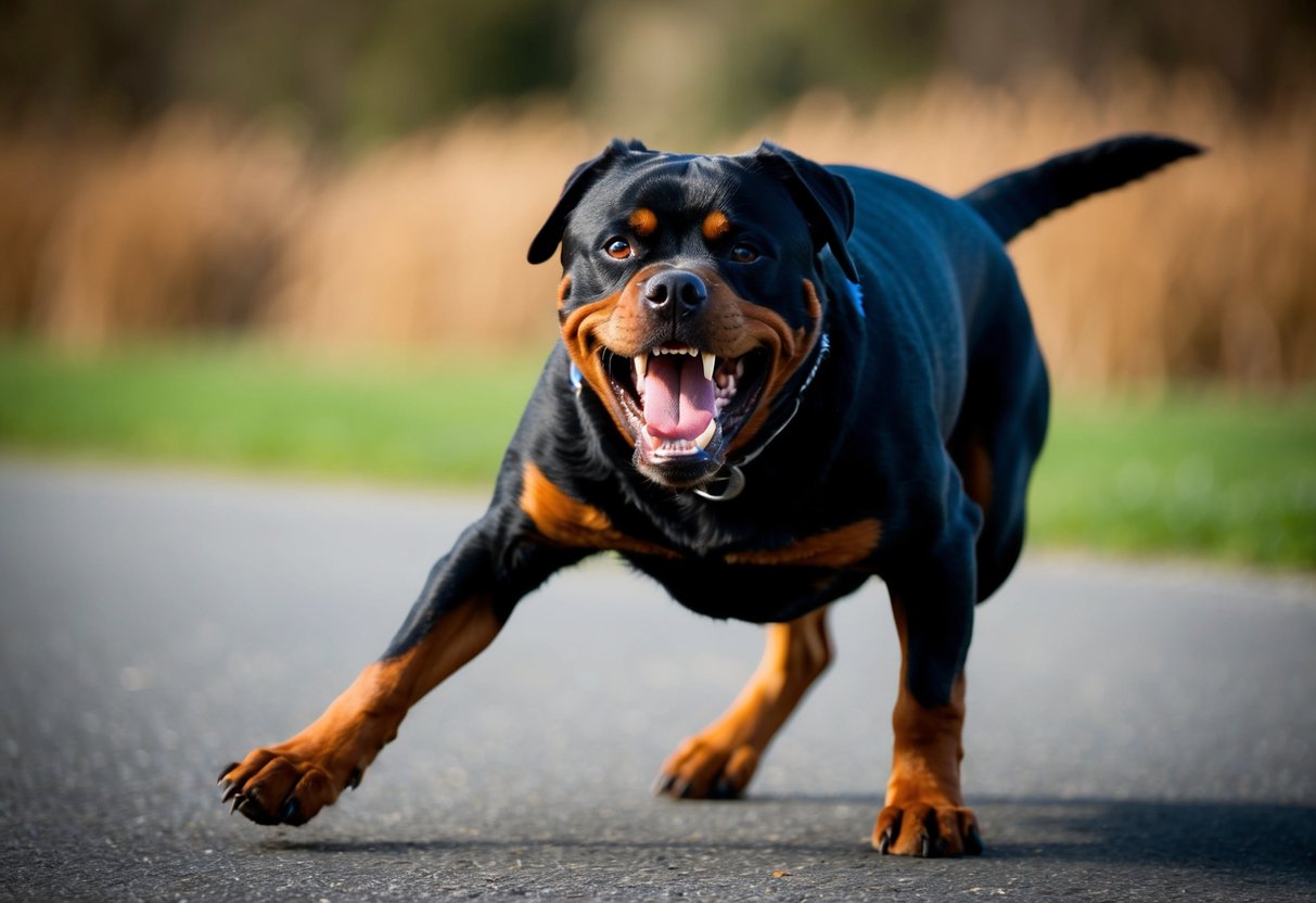 A snarling, growling Rottweiler bares its teeth, ears pinned back, as it lunges forward aggressively